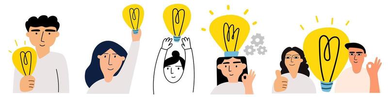 Collection of people with light bulbs. Find new idea. Flat and outline design. Hand drawn illustrations on white background. vector