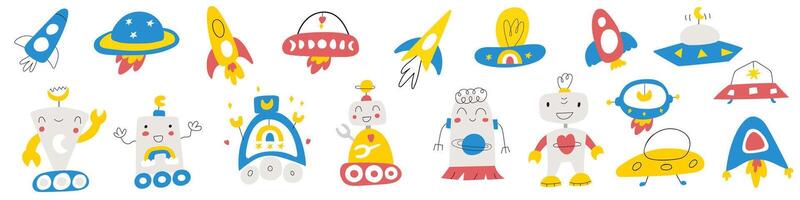 Big collection of cute space robots and spaceships. Kids art. Children illustrations. Hand drawn flat graphic design on white background. vector
