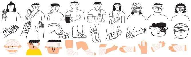 Different injuries. Set of flat and outline icons. Hand drawn illustrations on white background. vector