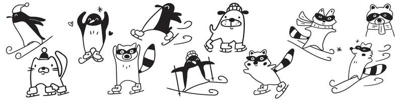Funny illustrations. Ice skating and skiing raccoons penguins and dogs. Set of cute characters. graphic design on white background. vector
