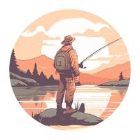 A man with a fishing rod stands on a lake with mountains in the background vector