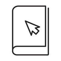A black and white line icon of a book with a mouse cursor vector