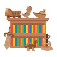 A wooden toy shelf with toys and books vector