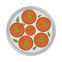 A plate with tomatoes and basil leaves on it vector