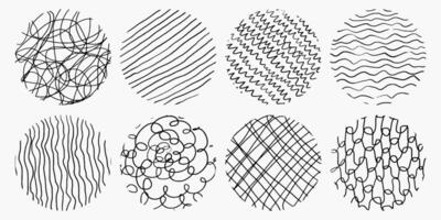 Set of circles with different pencil hatching, patterns. Doodle hand drawn elements, spirals, crosshatch, lines, scratches. Chaotic strokes. vector