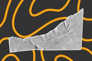 Halftone collage element isolated on dark background. Torn piece of paper tape with jagged edges. Cut and ripped sheet, yellow doodle lines, crumpled corner. vector