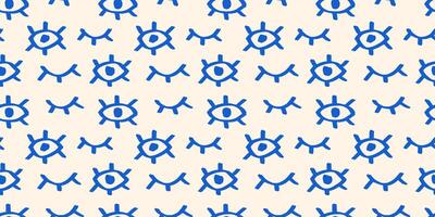 Seamless pattern with different open and closed eyes. Textured brush strokes, grunge elements. Modern style, primitive naive drawing. vector