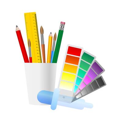 Stationery with pencil, brush and pipette. illustration