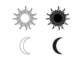 Linear sun and moon. Bohemian mysterious elements. Celestial symbols. Cosmic outline drawing. isolated on white. vector