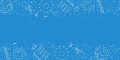 Mechanical engineering drawings on blue background. Cutting tools, milling cutter. Technical Design. Cover. Blueprint. Horizontal seamless pattern. illustration vector