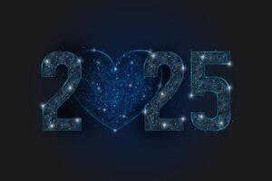 Abstract isolated blue image of new year number 2025. Polygonal low poly wireframe illustration looks like stars in the black night sky in space or flying glass shards. Digital web, internet design vector