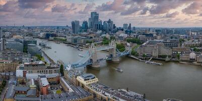 Aerial view of the Tower bridge in London, UK. The center of London over river Thames. Capital of Great Britain. photo