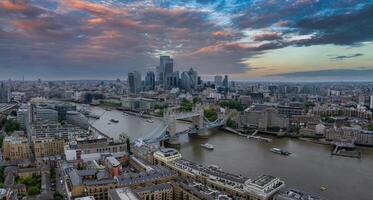 Aerial view of the Tower bridge in London, UK. The center of London over river Thames. Capital of Great Britain. photo