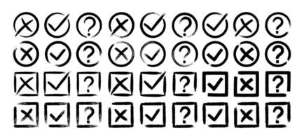 Dirty grunge cross x, tick OK and question check marks in check boxes, hand drawn with brush strokes illustration vector