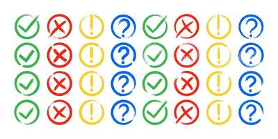 Dirty grunge cross x, tick OK, exclamation and question check marks in check boxes. vector