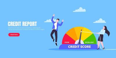 Man and woman push credit score arrow gauge speedometer indicator with color levels. vector