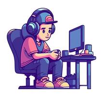 A man in headphones sitting at a desk with a computer vector