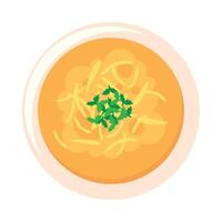 A bowl of soup with a green leaf on top vector