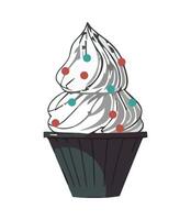 A cupcake with white frosting and red and blue polka dots vector