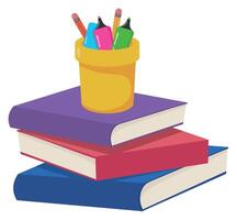 A stack of books and a pencil cup vector