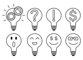 Inspiration pictogram icon set. Light bulb and smiley face, dollar, question mark inside. Lamp icon. Symbol of idea, innovation, inspiration. vector