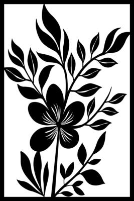 a black and white drawing of a flower with leaves.