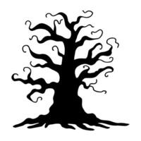 Silhouette of gnarled dry tree with curved branches. Black outline drawing for Halloween. Hand drawn isolated graphic clipart. Line sketch with twisted trunk for creepy decor and design. Doodle style vector