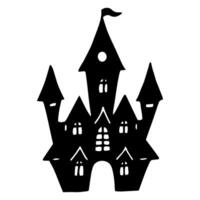 Haunted house silhouette. Black and white outline drawing for Halloween. Hand drawn isolated graphic clipart. Line sketch with mansion for creepy decor and invitation design. Doodle style vector