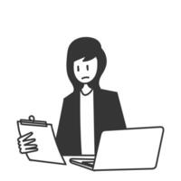 a woman is sitting at a desk with a laptop and document checking vector