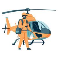 A man in orange overalls is standing next to a helicopter vector