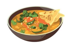 A bowl of curry with a tortilla chip on top vector