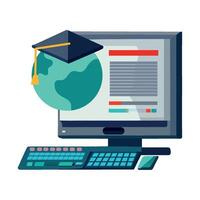 Computer with graduation cap and globe on monitor vector