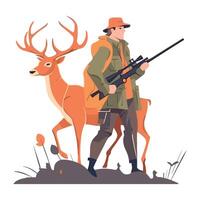 Hunter with rifle and deer in the field vector