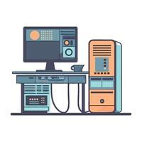 Computer and monitor on a desk with a keyboard vector