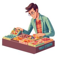 Man in glasses buying fruit and vegetables at a market vector