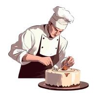 A chef is cutting a cake on a plate vector