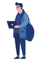 Man with laptop and bag standing with laptop vector