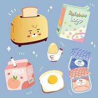 various breakfast items, cereal, boiled eggs, toast, toaster, milk and jam vector