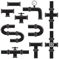 A set of pipelines with taps and water meters. Black stencil icon. Linear illustration. White background. Illustration of a water supply system. vector