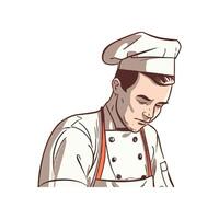 A chef in a hat is looking down at something vector