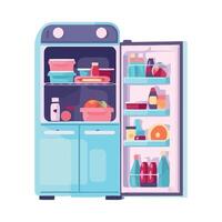 An open refrigerator with food inside vector