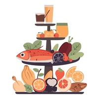 A fish is sitting on a plate with fruit and vegetables vector