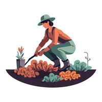 A woman is working in the garden with a shovel vector