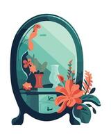 A vase with flowers and a mirror on a table vector