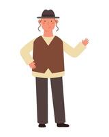 A man in a hat and vest is standing with his hand out vector