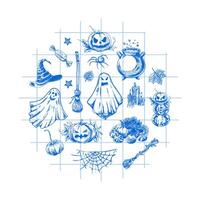Set of halloween elements in sketch style. Design of ghosts, creepy and spooky elements for halloween decorations in circle, sketch, icon. Hand drawn isolated on checkered background. vector