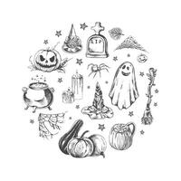 Set of halloween elements in sketch style. Design of ghosts, creepy and spooky elements for halloween decorations in circle, sketch, icon. Hand drawn isolated on white background. vector