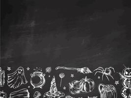 Set of halloween elements in sketch style. Design of ghosts, creepy and spooky elements for halloween decorations, sketch, icon. Hand drawn template on chalkboard background. vector