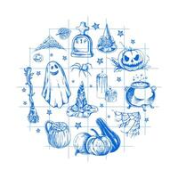 Set of halloween elements in sketch style. Design of ghosts, creepy and spooky elements for halloween decorations in circle, sketch, icon. Hand drawn isolated on checkered background. vector