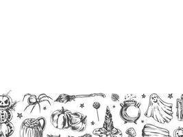 Set of halloween elements in sketch style. Design of ghosts, creepy and spooky elements for halloween decorations, sketch, icon. Hand drawn template vector